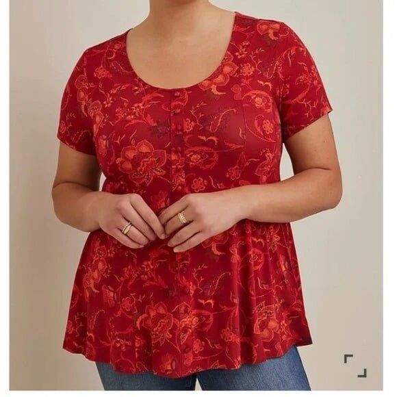 Torrid Size 2X Super Soft Button Front Seamed Top Floral Short Sleeve Red Orange - Picture 2 of 12